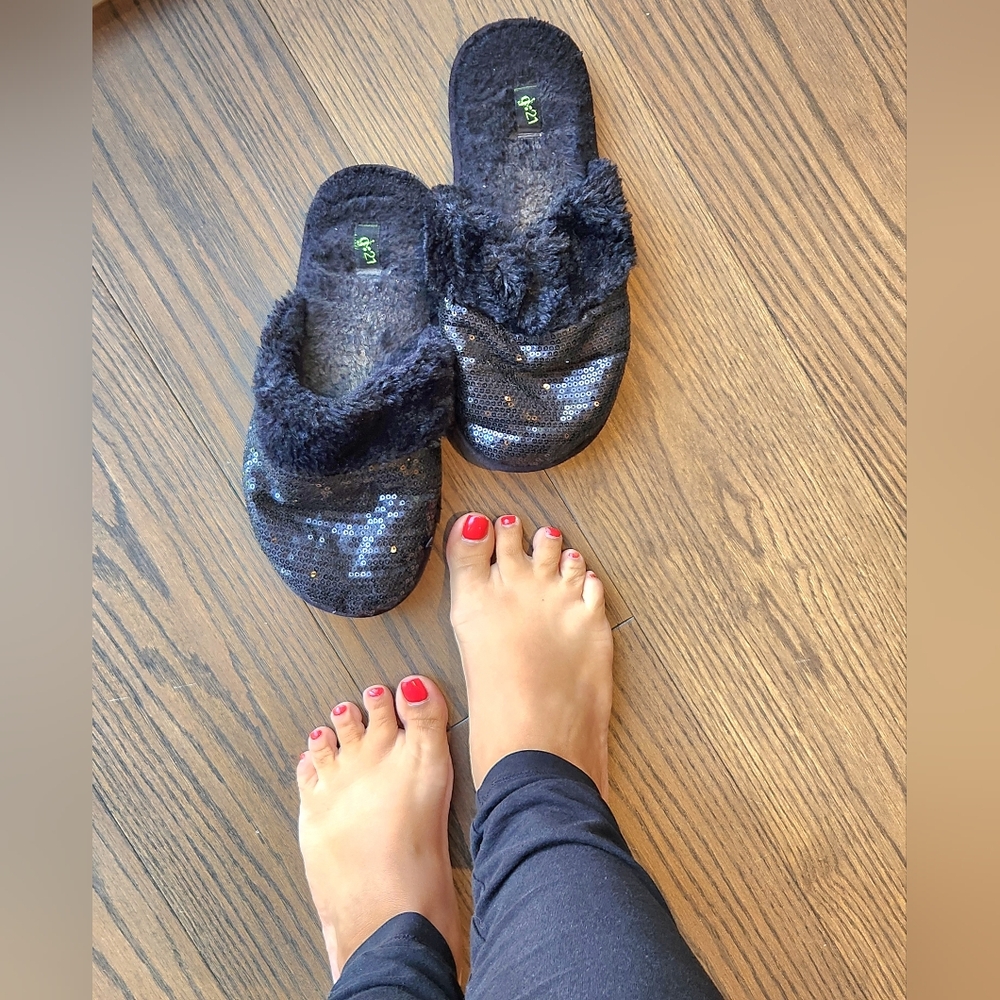 Well Worn Black Fuzzy Slippers